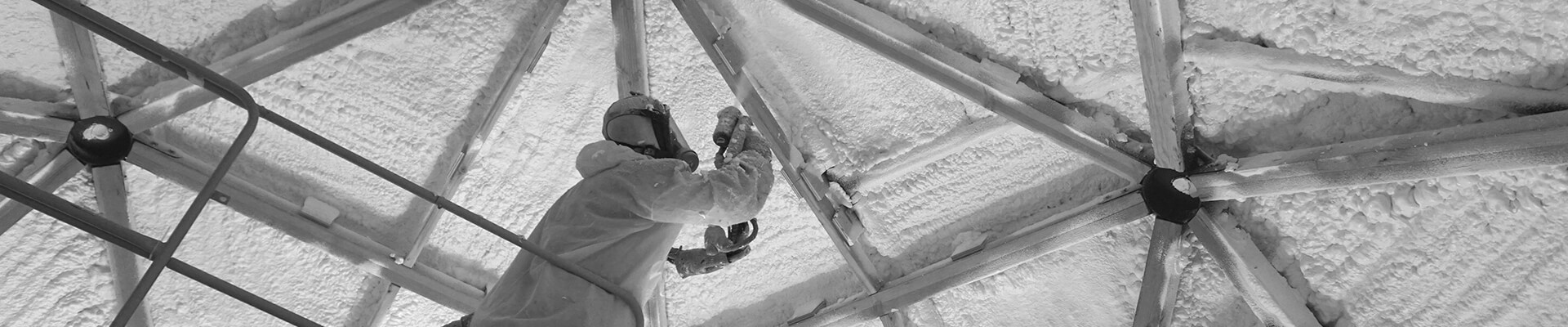 A close-up view of the spray polyurethane foam being applied in the Mini Dome.